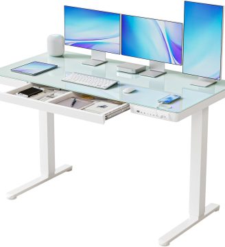 BANTI Electric Standing Desk with Drawers, 55 inch Whole-Piece Glass Desktop, Height Adjustable Stand up Sit Stand Home Office Ergonomic Workstation, White Tabletop