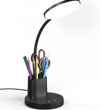 Desk Lamp, LED Desk Lamp for Home Office, Touch Table Lamp with 3 Color Modes 360° Adjustable Arm, Dimmable Desk Light with Pen Phone Holder, Black