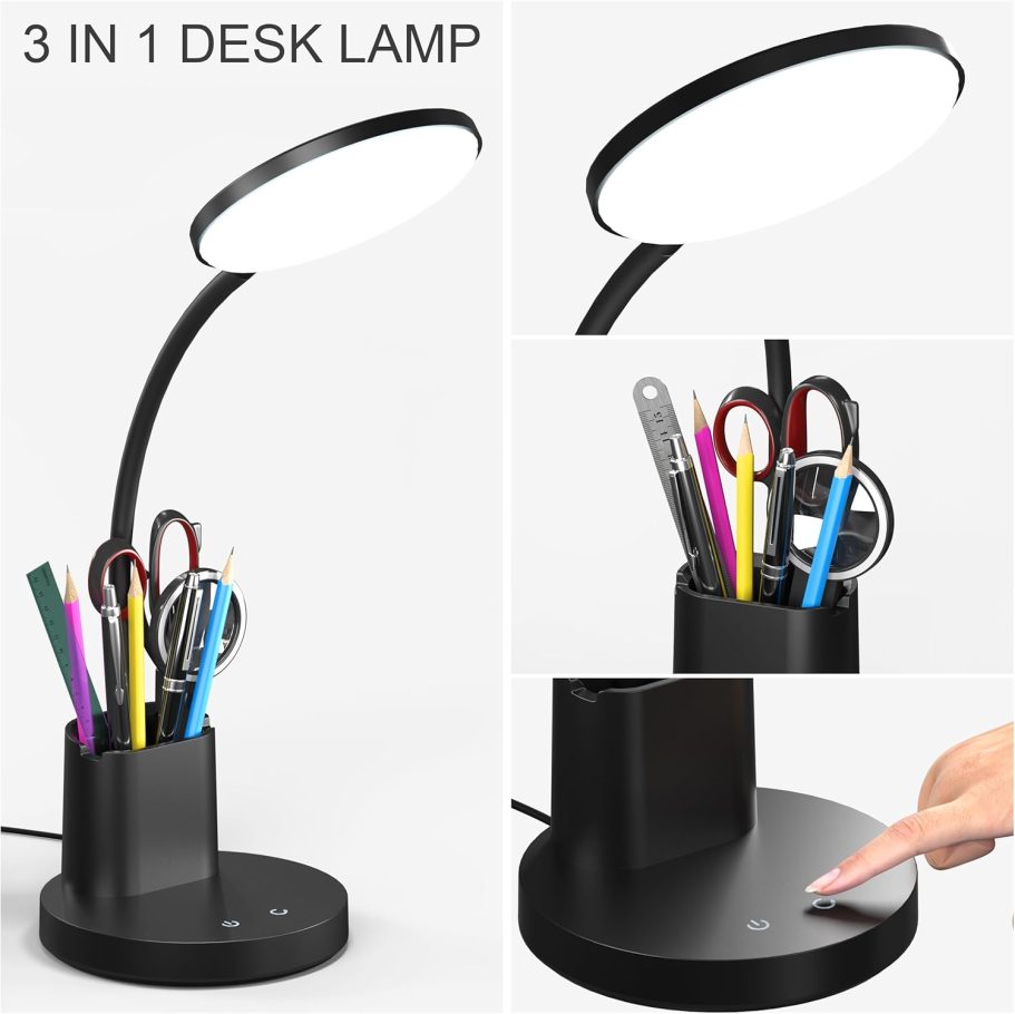 Desk Lamp, LED Desk Lamp for Home Office, Touch Table Lamp with 3 Color Modes 360° Adjustable Arm, Dimmable Desk Light with Pen Phone Holder, Black - Image 2