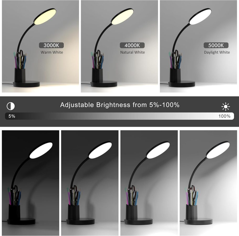 Desk Lamp, LED Desk Lamp for Home Office, Touch Table Lamp with 3 Color Modes 360° Adjustable Arm, Dimmable Desk Light with Pen Phone Holder, Black - Image 3