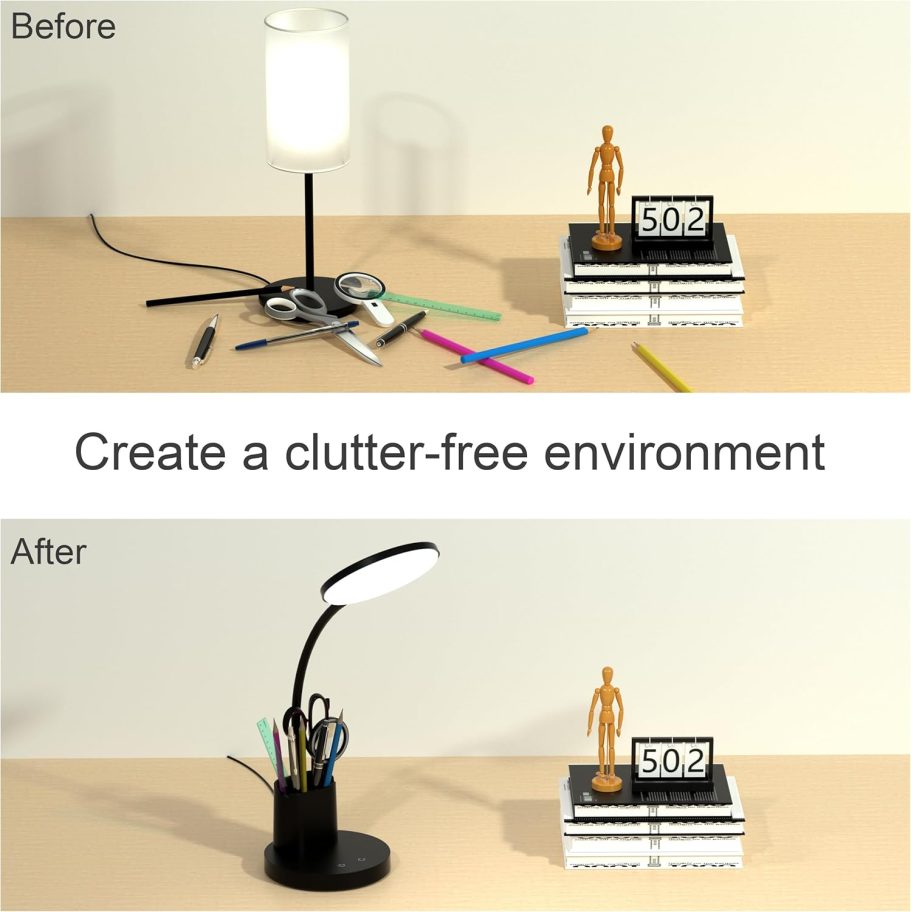 Desk Lamp, LED Desk Lamp for Home Office, Touch Table Lamp with 3 Color Modes 360° Adjustable Arm, Dimmable Desk Light with Pen Phone Holder, Black - Image 5