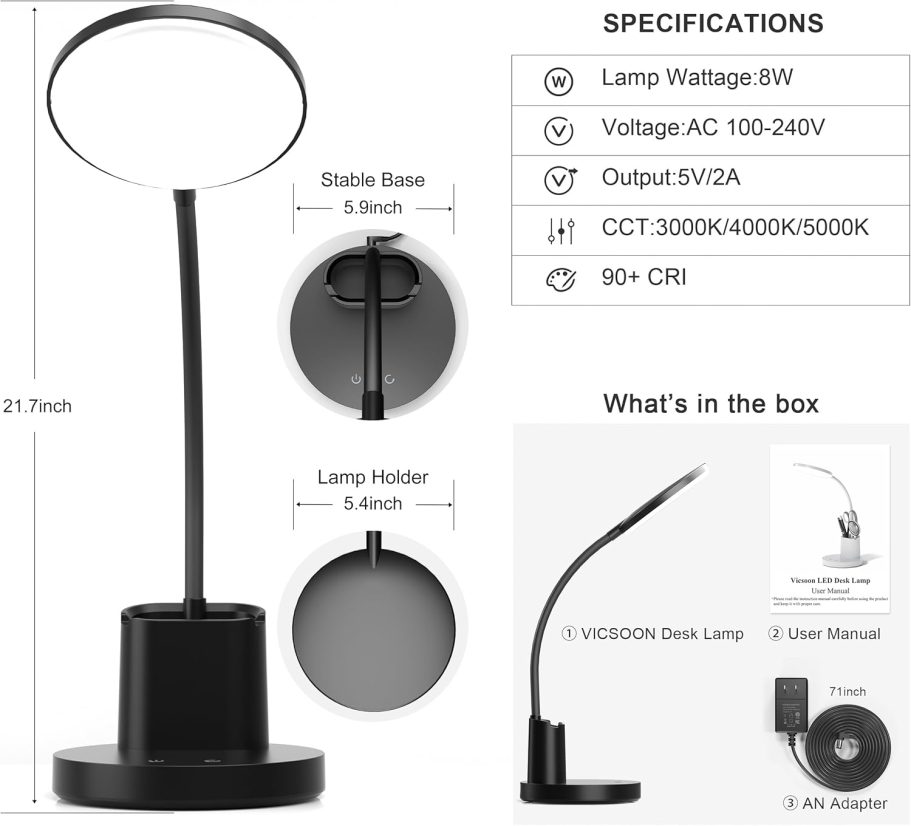 Desk Lamp, LED Desk Lamp for Home Office, Touch Table Lamp with 3 Color Modes 360° Adjustable Arm, Dimmable Desk Light with Pen Phone Holder, Black - Image 7