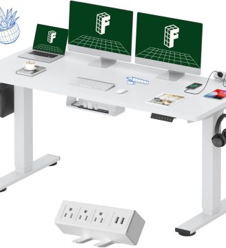 FLEXISPOT EN2 Whole-Piece Standing Desk with Clamp Power Strip, 60 x 24 Electric Stand Up Height Adjustable Desk with Cable Management (White Frame + 60" White Desktop, 2 Packages)