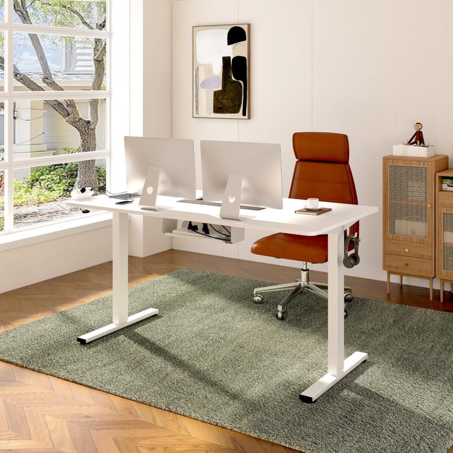 FLEXISPOT EN2 Whole-Piece Standing Desk with Clamp Power Strip, 60 x 24 Electric Stand Up Height Adjustable Desk with Cable Management (White Frame + 60" White Desktop, 2 Packages) - Image 2