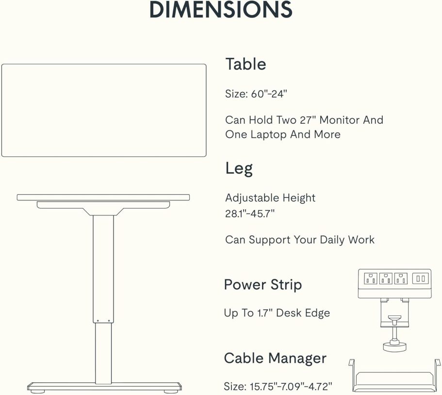 FLEXISPOT EN2 Whole-Piece Standing Desk with Clamp Power Strip, 60 x 24 Electric Stand Up Height Adjustable Desk with Cable Management (White Frame + 60" White Desktop, 2 Packages) - Image 7