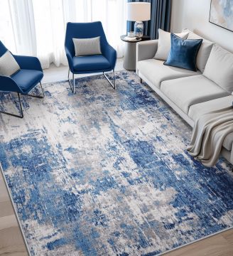 Washable Area Rugs 5'x7' Non-Slip Modern Abstract Soft for Living Room Entryway Bedroom, Print Pattern, Blue Grey Navy Gray