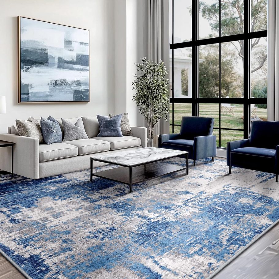 Washable Area Rugs 5'x7' Non-Slip Modern Abstract Soft for Living Room Entryway Bedroom, Print Pattern, Blue Grey Navy Gray - Image 2