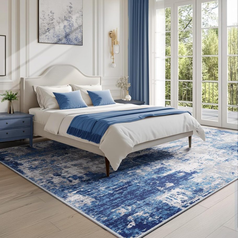 Washable Area Rugs 5'x7' Non-Slip Modern Abstract Soft for Living Room Entryway Bedroom, Print Pattern, Blue Grey Navy Gray - Image 7
